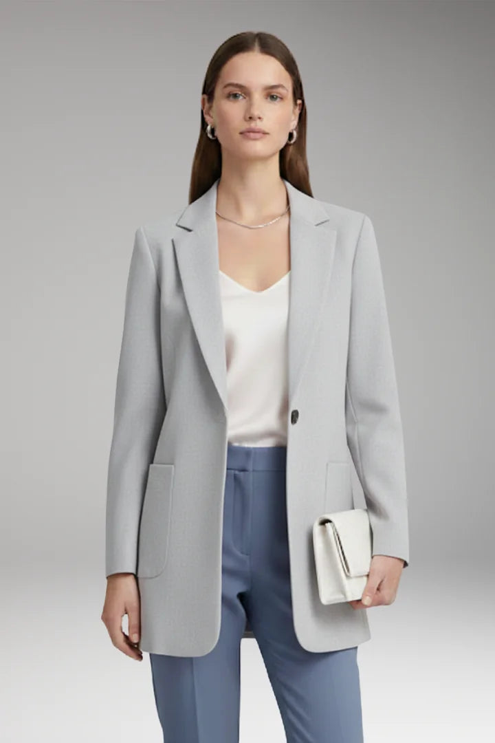 Gray Women's Long Blazer — Yvette Wool Notched Collar Patch Pocket - Front Neutral Pose