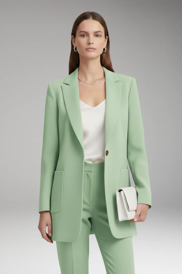 Light Green Women's Long Blazer — Yvette Wool Notched Collar Patch Pocket - Front Suit Styled