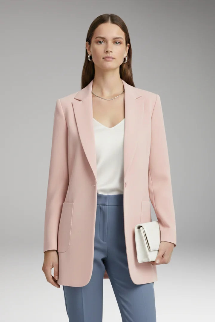 Light Pink Women's Long Blazer — Yvette Wool Notched Collar Patch Pocket - Front Studio Pose