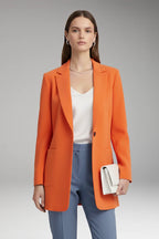Orange Women's Long Blazer — Yvette Wool Notched Collar Patch Pocket - Front Bold Pose