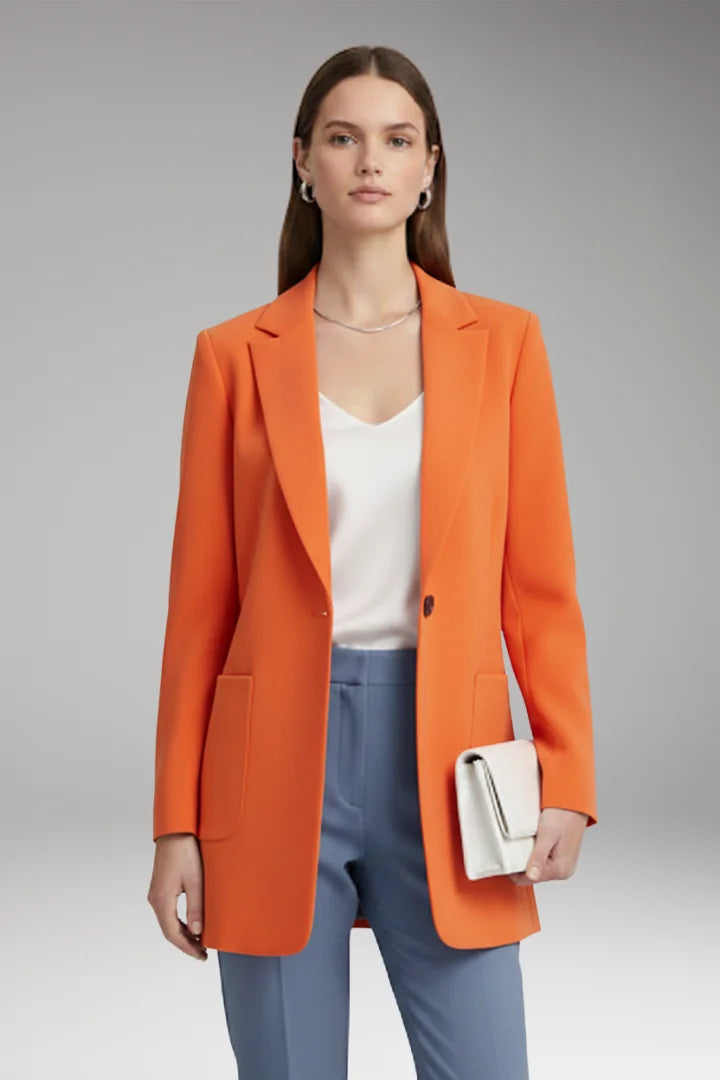 Orange Women's Long Blazer — Yvette Wool Notched Collar Patch Pocket - Front Bold Pose