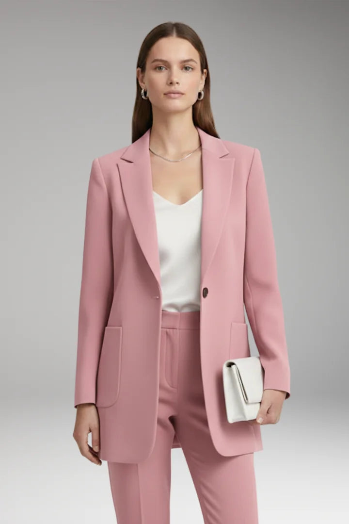 Pink Women's Long Blazer — Yvette Wool Notched Collar Patch Pocket - Front Suit Look