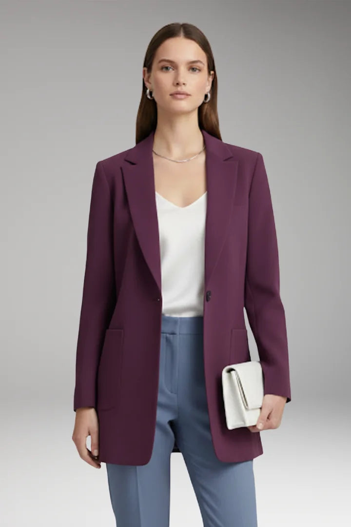 Purple Women's Long Blazer — Yvette Wool Notched Collar Patch Pocket - Front Formal Pose