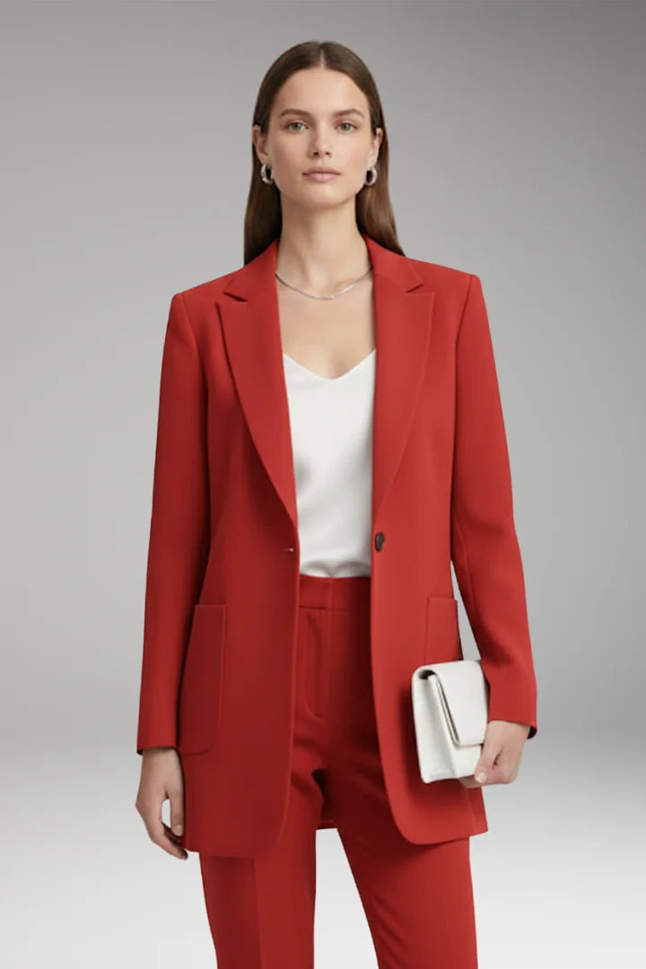 Red Women's Long Blazer — Yvette Wool Notched Collar Patch Pocket - Front Suit Pose