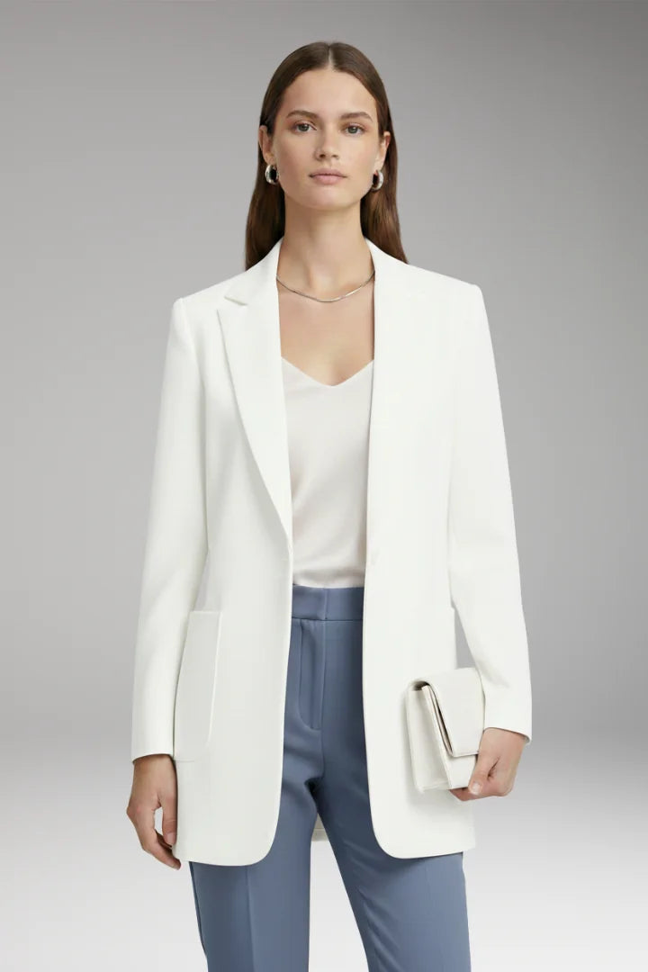 White Women's Long Blazer — Yvette Wool Notched Collar Patch Pocket - Front Clutch Pose