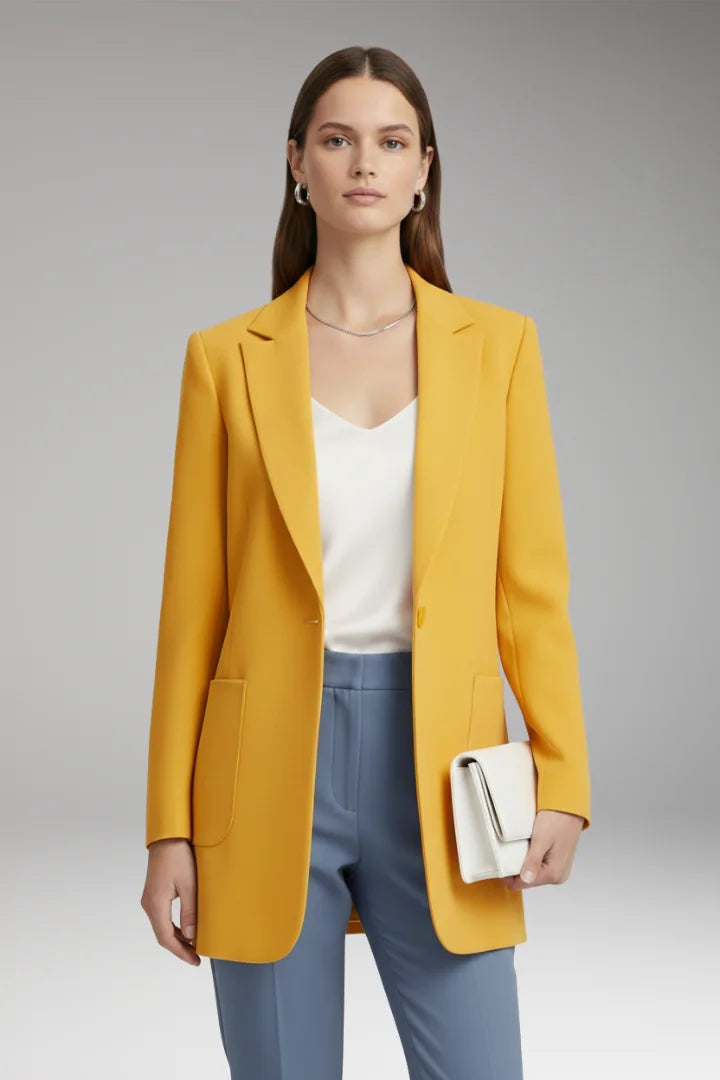 Yellow Women's Long Blazer — Yvette Wool Notched Collar Patch Pocket - Front Styled Clutch