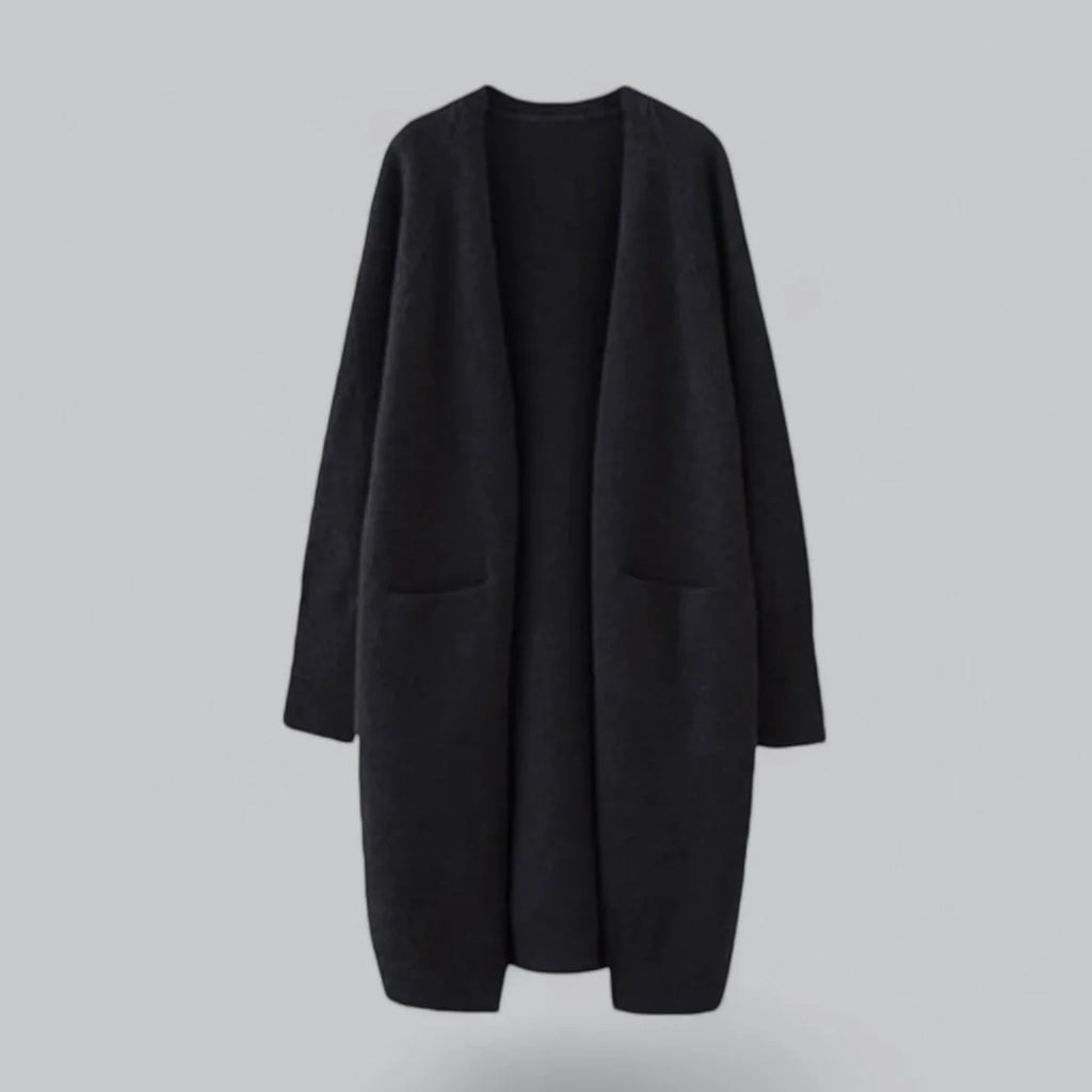 Beige Women's Long Oversized Cashmere Cardigan with Open Front & Patch Pockets - Flat Lay Front