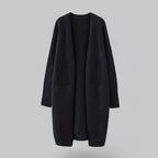 Beige Women's Long Oversized Cashmere Cardigan with Open Front & Patch Pockets - Flat Lay Front