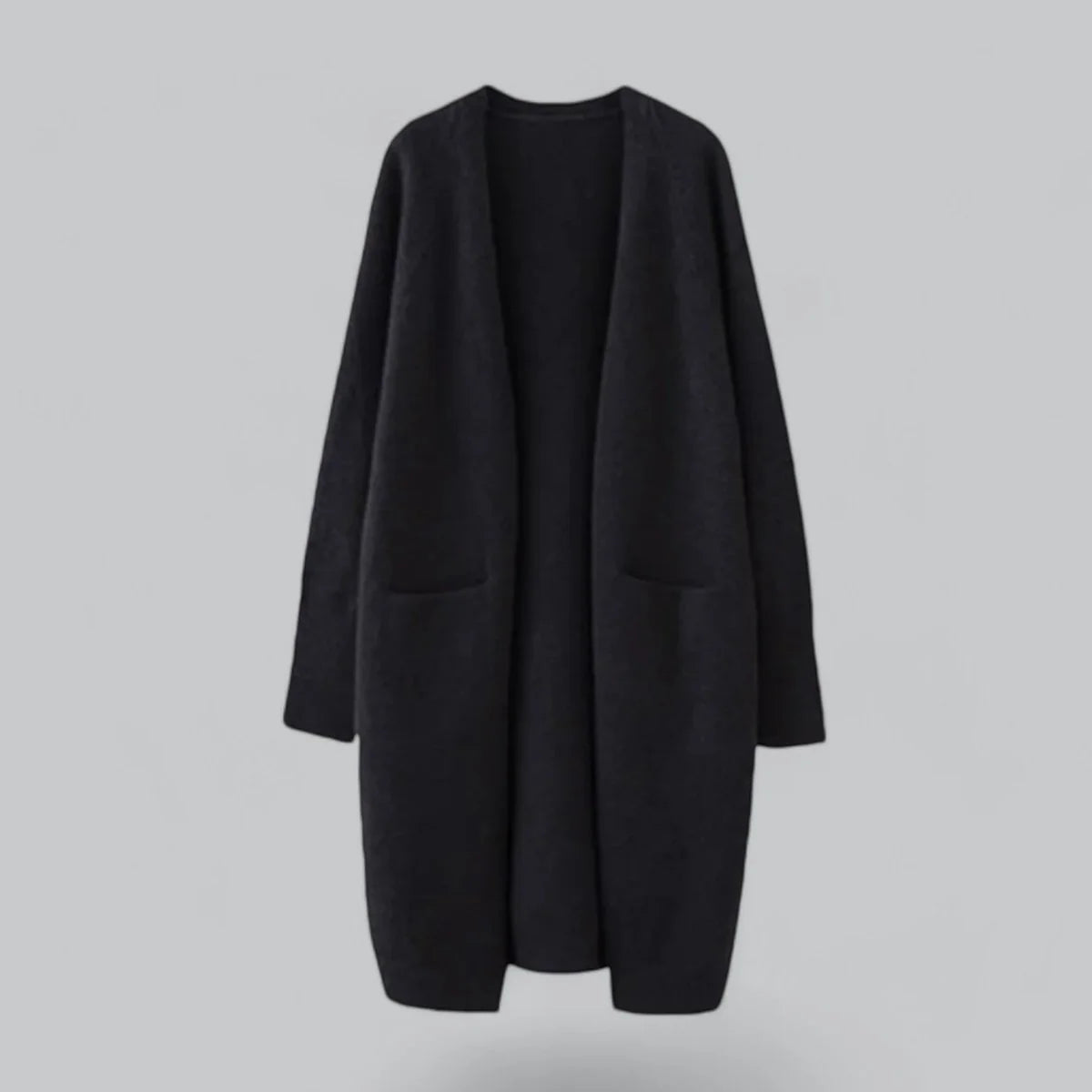 Beige Women's Long Oversized Cashmere Cardigan with Open Front & Patch Pockets - Flat Lay Front