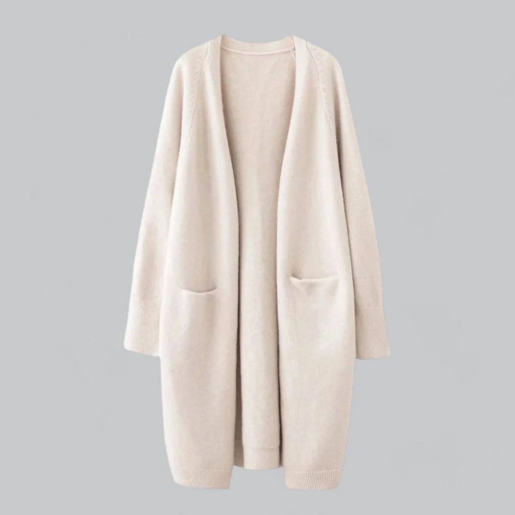 Black Women's Long Oversized Cashmere Cardigan with Open Front & Pockets - Worn Front Styled