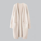 Black Women's Long Oversized Cashmere Cardigan with Open Front & Pockets - Worn Front Styled