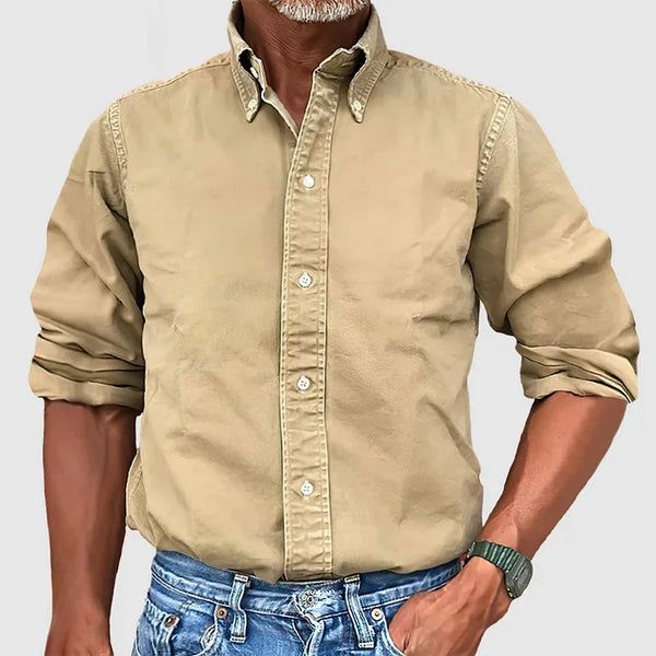 Khaki Men's Khaki Long Sleeve Button Up Shirt — Theo Cotton Button-Front Casual - Front Full