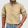 Men's Khaki Long Sleeve Button Up Shirt — Theo Cotton Button-Front Casual