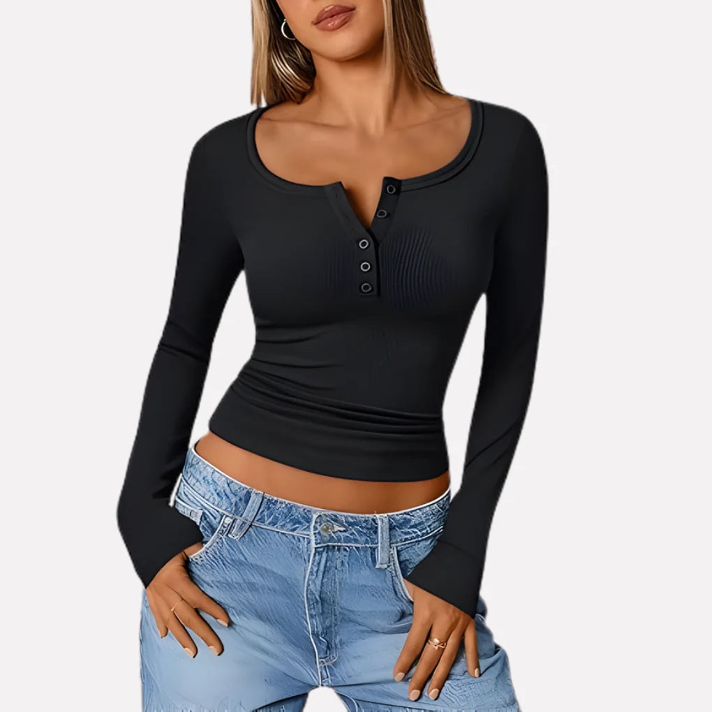 Black Women's Long Sleeve Henley Top — Daisy Everyday Ribbed Button-Front - Front Crop Buttoned