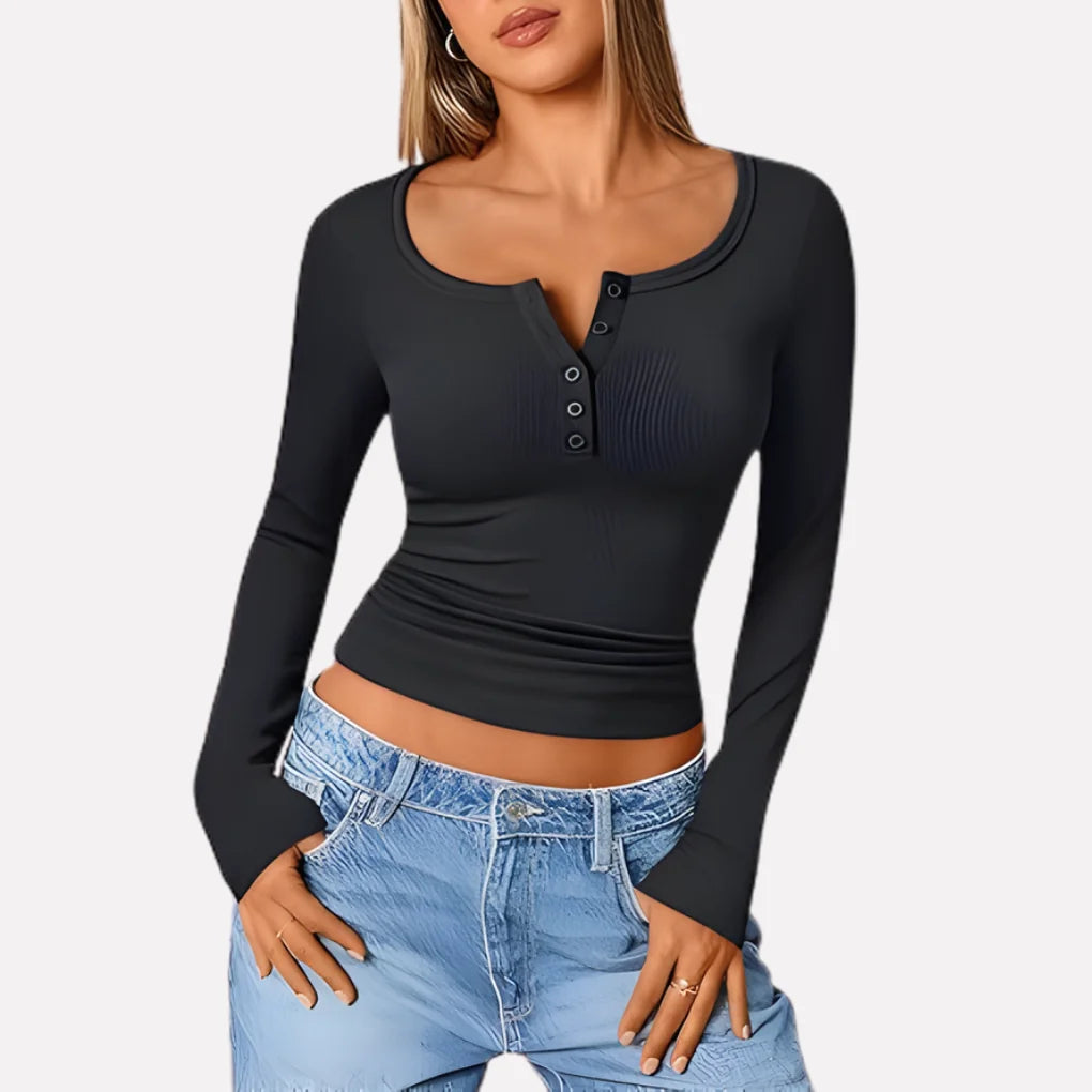 Black Women's Long Sleeve Henley Top — Daisy Everyday Ribbed Button-Front - Side Angle Pose
