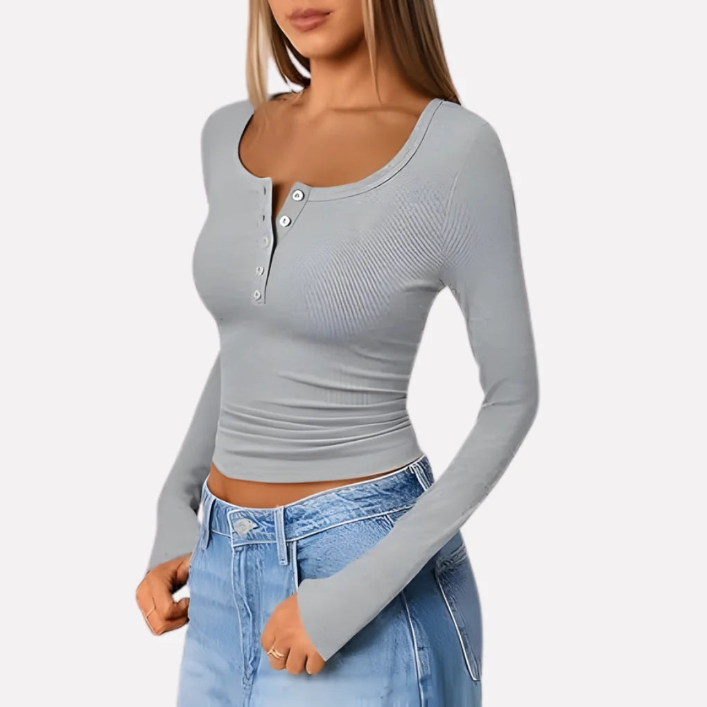 Gray Women's Long Sleeve Henley Top — Daisy Everyday Ribbed Button-Front - Side Profile Turn