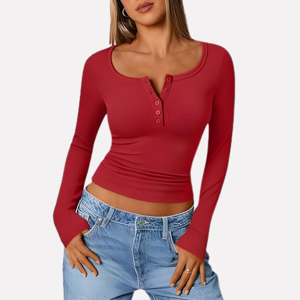 Red Women's Long Sleeve Henley Top — Daisy Everyday Ribbed Button-Front - Hip Hand Pose