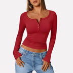 Red Women's Long Sleeve Henley Top — Daisy Everyday Ribbed Button-Front - Hip Hand Pose
