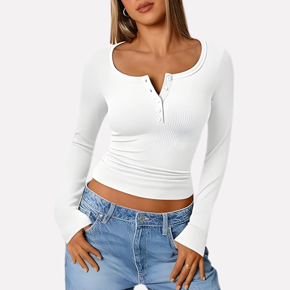 White Women's Long Sleeve Henley Top — Daisy Everyday Ribbed Button-Front - Close Up Buttons