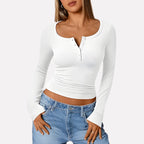 White Women's Long Sleeve Henley Top — Daisy Everyday Ribbed Button-Front - Close Up Buttons
