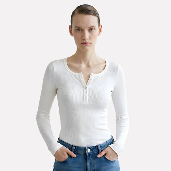 White Women's Long Sleeve Henley Top — Daisy Everyday Ribbed Button-Front - Front Full Tucked