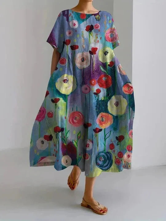 Women's Loose Print Dress with Round Neckline & Side Pockets — Aria