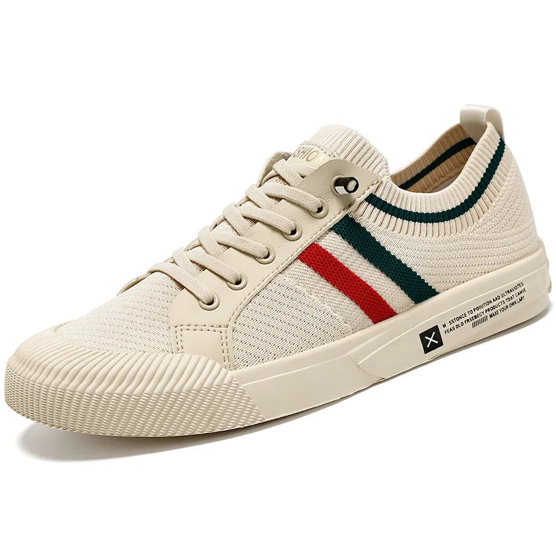 Beige Men's Striped Low-Top Sneakers — Isaac Everyday Lace-Up Knit - Front Angle Studio