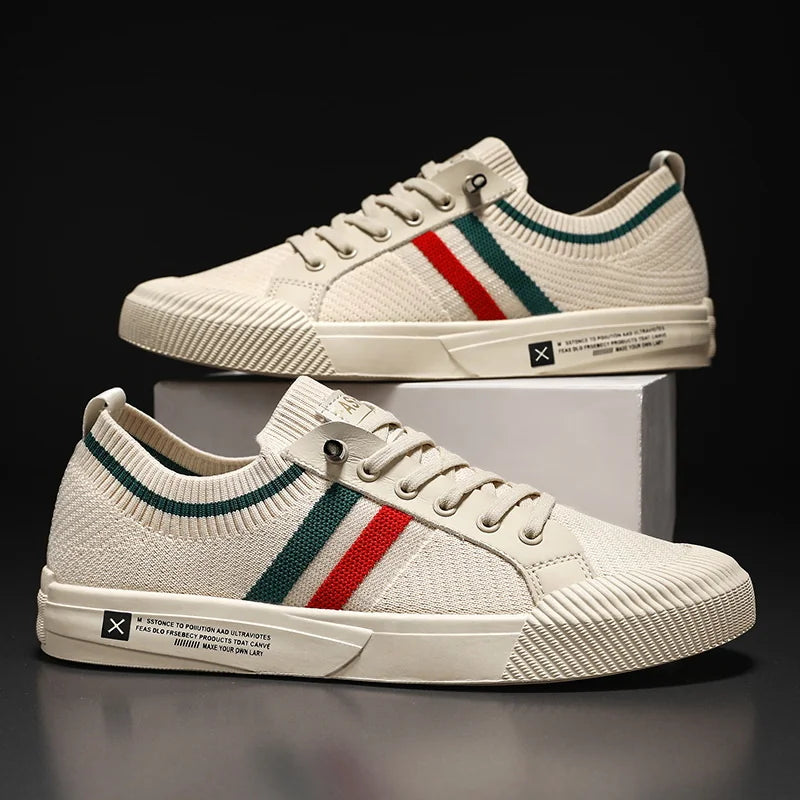 Beige Men's Striped Low-Top Sneakers — Isaac Everyday Lace-Up Knit - Pair Side View