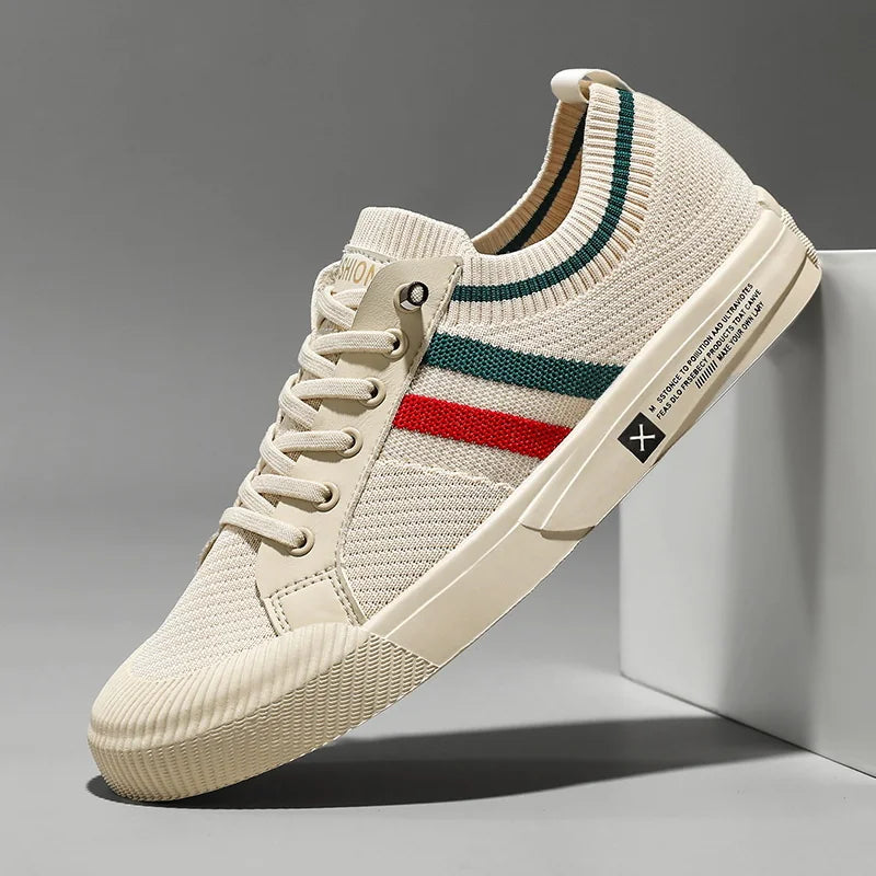 Beige Men's Striped Low-Top Sneakers — Isaac Everyday Lace-Up Knit - Side Angle Studio
