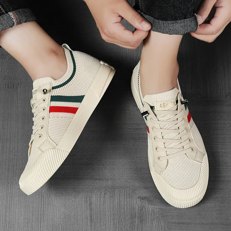 Beige Men's Striped Low-Top Sneakers — Isaac Everyday Lace-Up Knit - Worn Lifestyle Tying