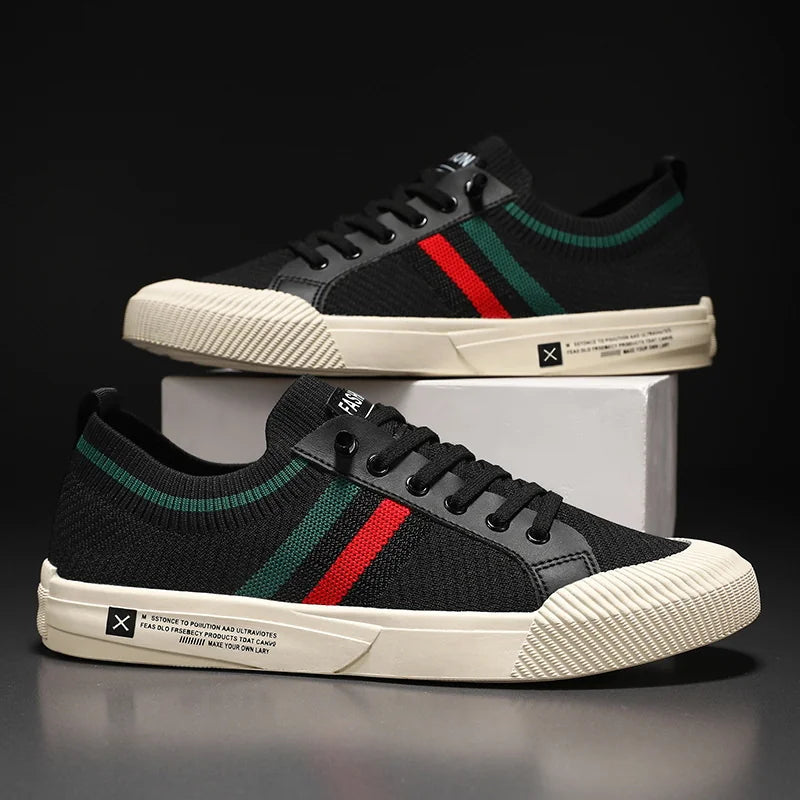 Black Men's Striped Low-Top Sneakers — Isaac Everyday Lace-Up Knit - Pair Side View