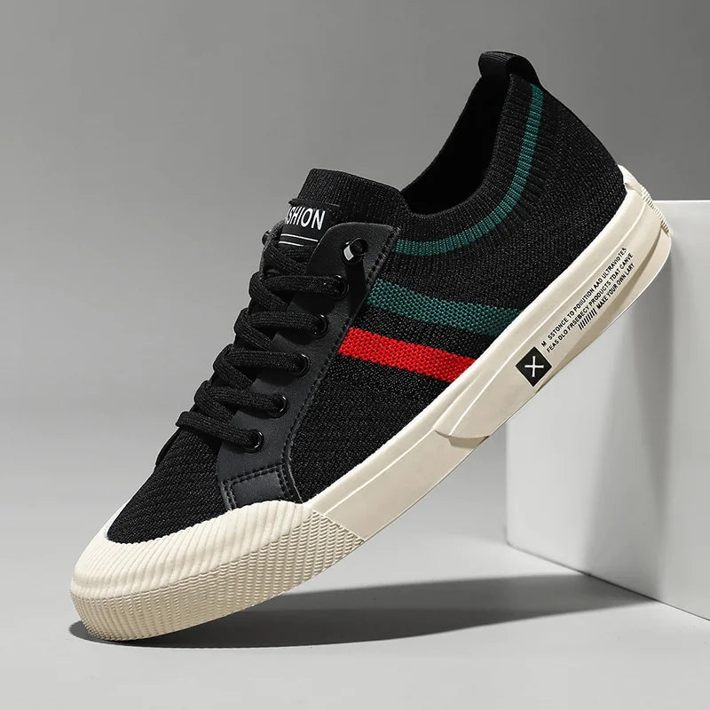 Black Men's Striped Low-Top Sneakers — Isaac Everyday Lace-Up Knit - Side Angle Studio