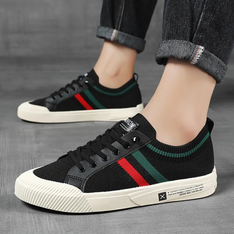Black Men's Striped Low-Top Sneakers — Isaac Everyday Lace-Up Knit - Worn Lifestyle Side