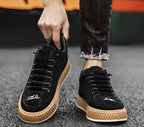 Black Women's Low Top Sneakers with Lace-Up Closure & Cushioned Platform Sole — Hannah - Close Up Pair Worn