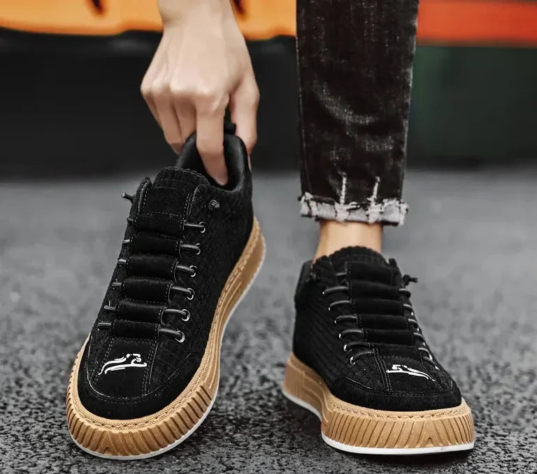 Black Women's Low Top Sneakers with Lace-Up Closure & Cushioned Platform Sole — Hannah - Close Up Pair Worn