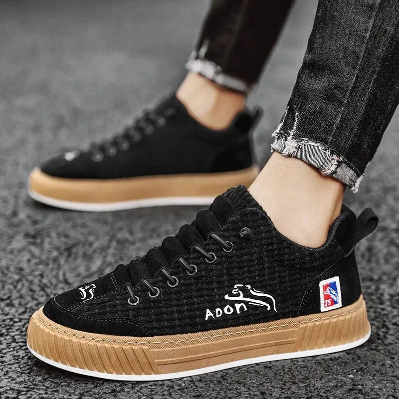 Black Women's Low Top Sneakers with Lace-Up Closure & Cushioned Platform Sole — Hannah - Side Angle Worn