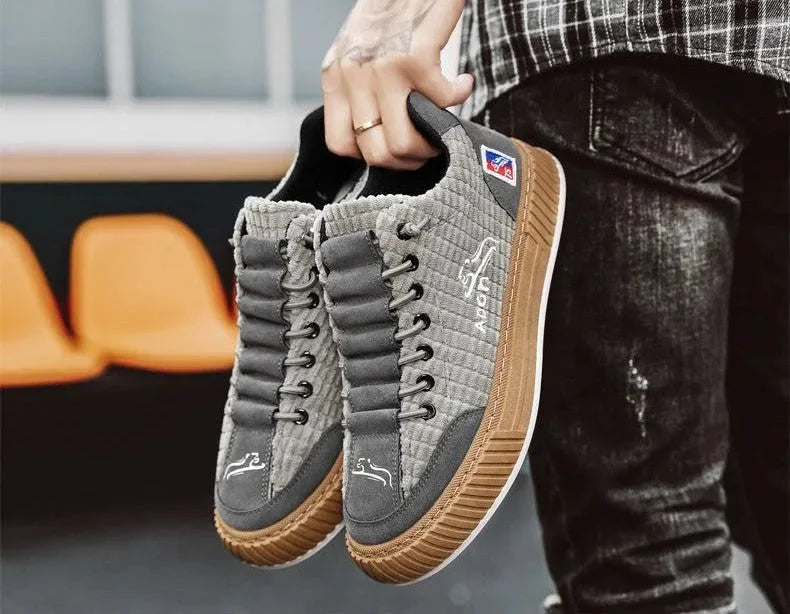 Grey Women's Low Top Sneakers with Lace-Up Closure & Cushioned Platform Sole — Hannah - Held Pair In Hand