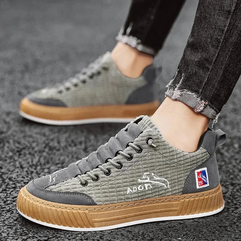 Grey Women's Low Top Sneakers with Lace-Up Closure & Cushioned Platform Sole — Hannah - Side Profile Worn