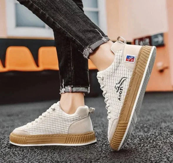 Women's Low Top Sneakers with Lace-Up Closure & Cushioned Platform Sole - Crossed Legs Worn