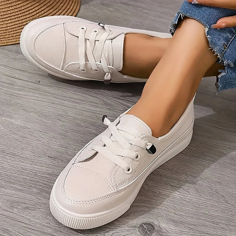 Beige Women's Low Top Leather Sneakers with Lace-Up Closure — Monroe