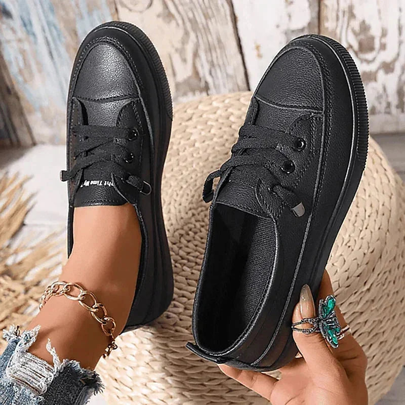 Black Women's Low Top Leather Sneakers with Lace-Up Closure — Monroe