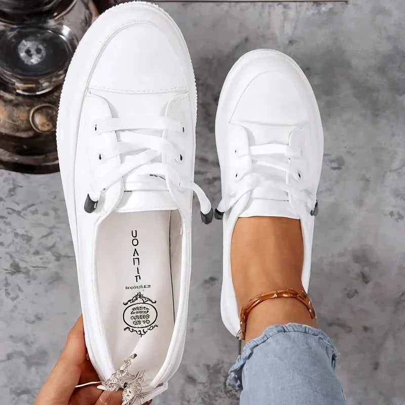 White Women's Low Top Leather Sneakers with Lace-Up Closure — Monroe