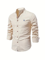 Beige Men's Long Sleeve Shirt with Mandarin Collar & Button-Front Design