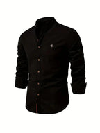 Black Men's Long Sleeve Shirt with Mandarin Collar & Button-Front Design