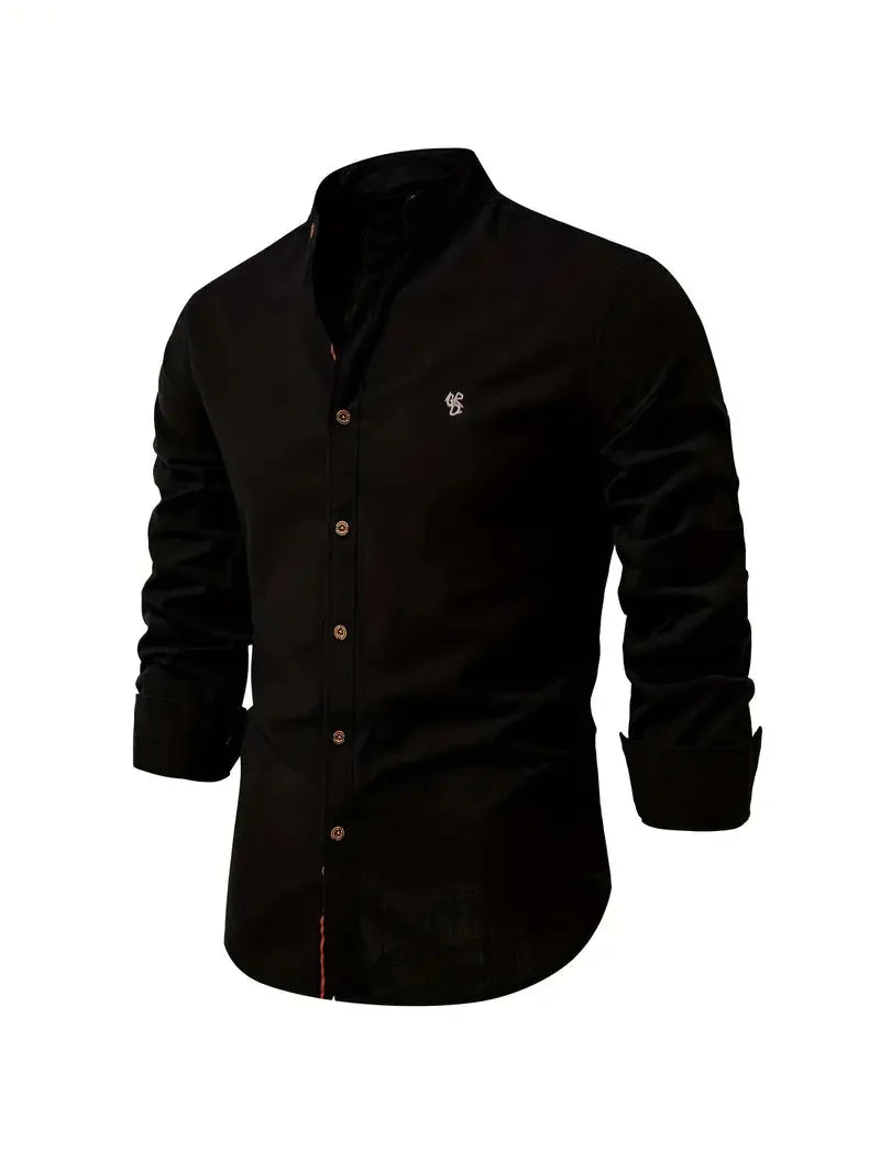 Black Men's Long Sleeve Shirt with Mandarin Collar & Button-Front Design