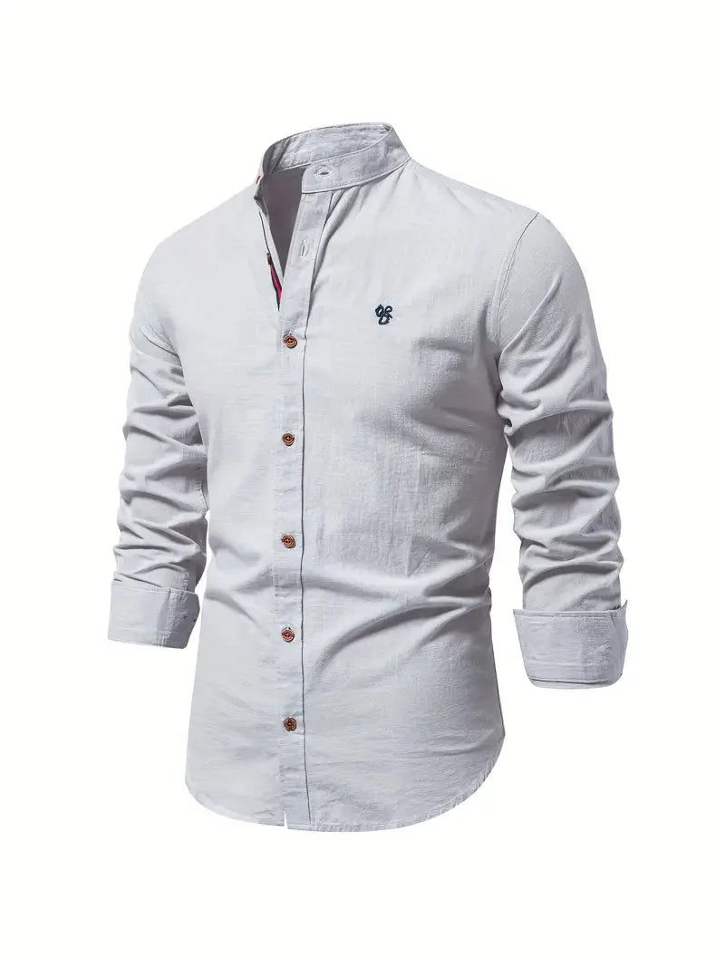 Grey Men's Long Sleeve Shirt with Mandarin Collar & Button-Front Design