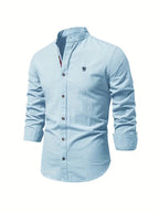 Light Blue Men's Long Sleeve Shirt with Mandarin Collar & Button-Front Design