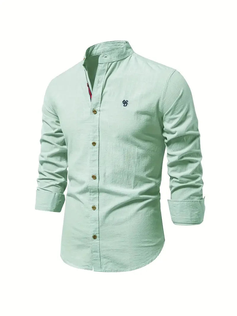 Light Green Men's Long Sleeve Shirt with Mandarin Collar & Button-Front Design - Front Angle