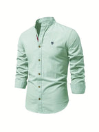 Light Green Men's Long Sleeve Shirt with Mandarin Collar & Button-Front Design - Front Angle
