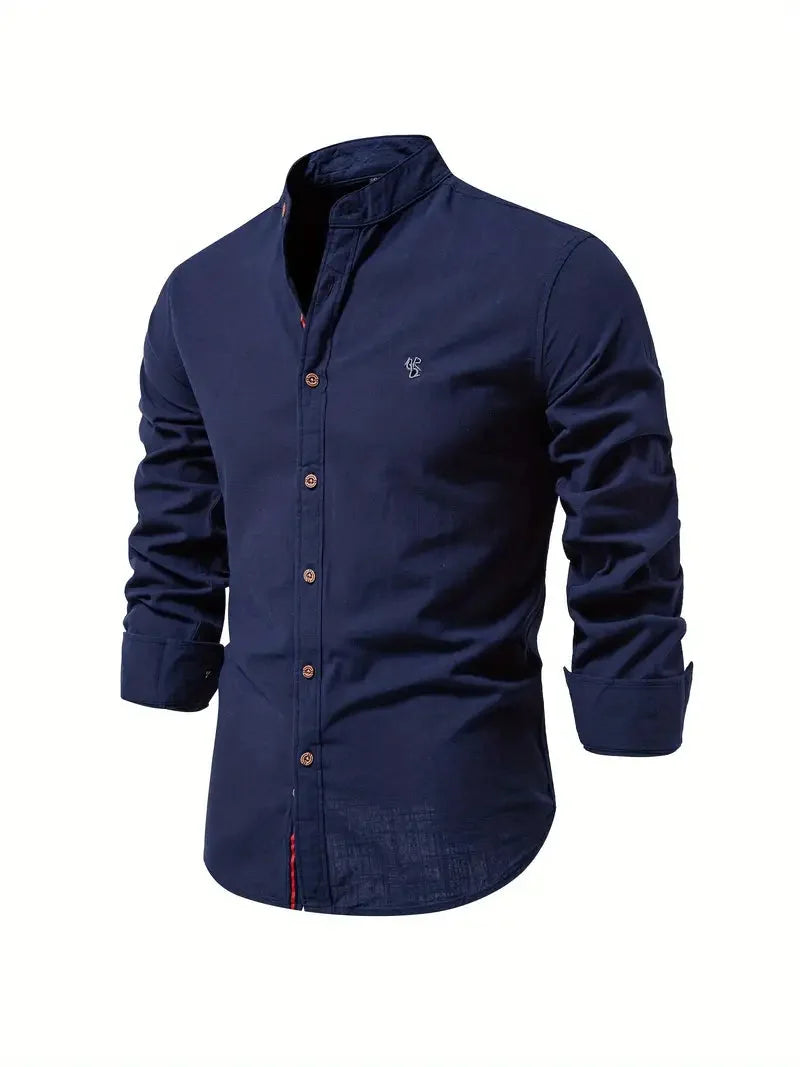 Dark Blue Men's Long Sleeve Shirt with Mandarin Collar & Button-Front Design - Side Angle